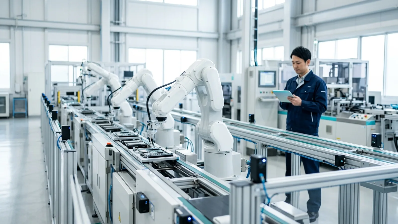 ロボットアームが稼働するスマート工場の製造ライン